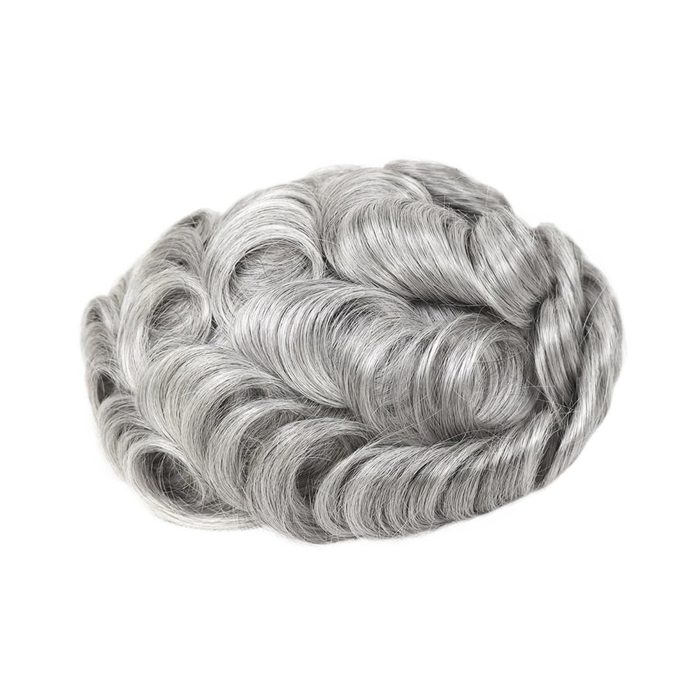 hezhuhe2258 Forehead Hairpiece Full PU Men's Toupee Wave Man Wig Replacement System Grey Male Hairpiece 8x10 Inch