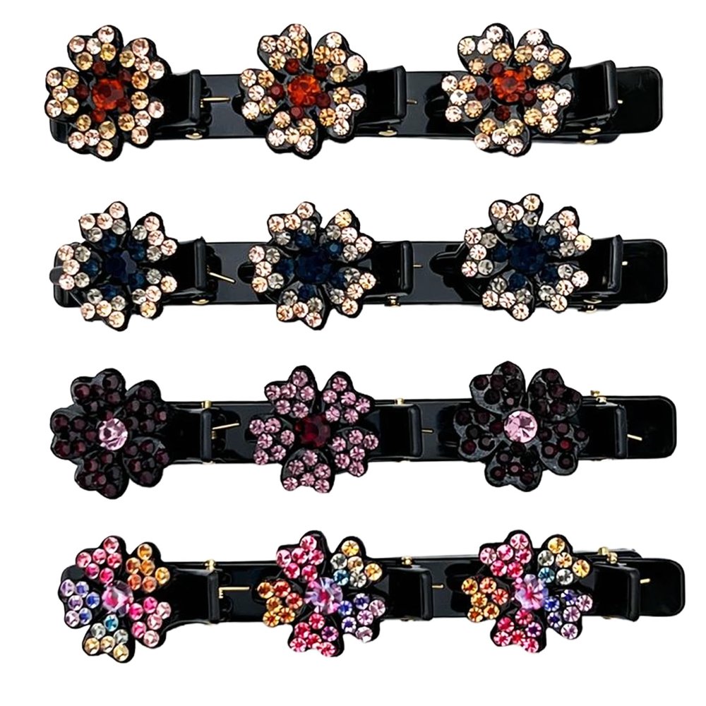 Sparkling Rhinestone Braided Hair Clips for Women Crystal Stone Duckbill Hairpins Set, 4-Piece Fashion Hair Accessories (Molan+Deep Purple+Champagne+Colorful)