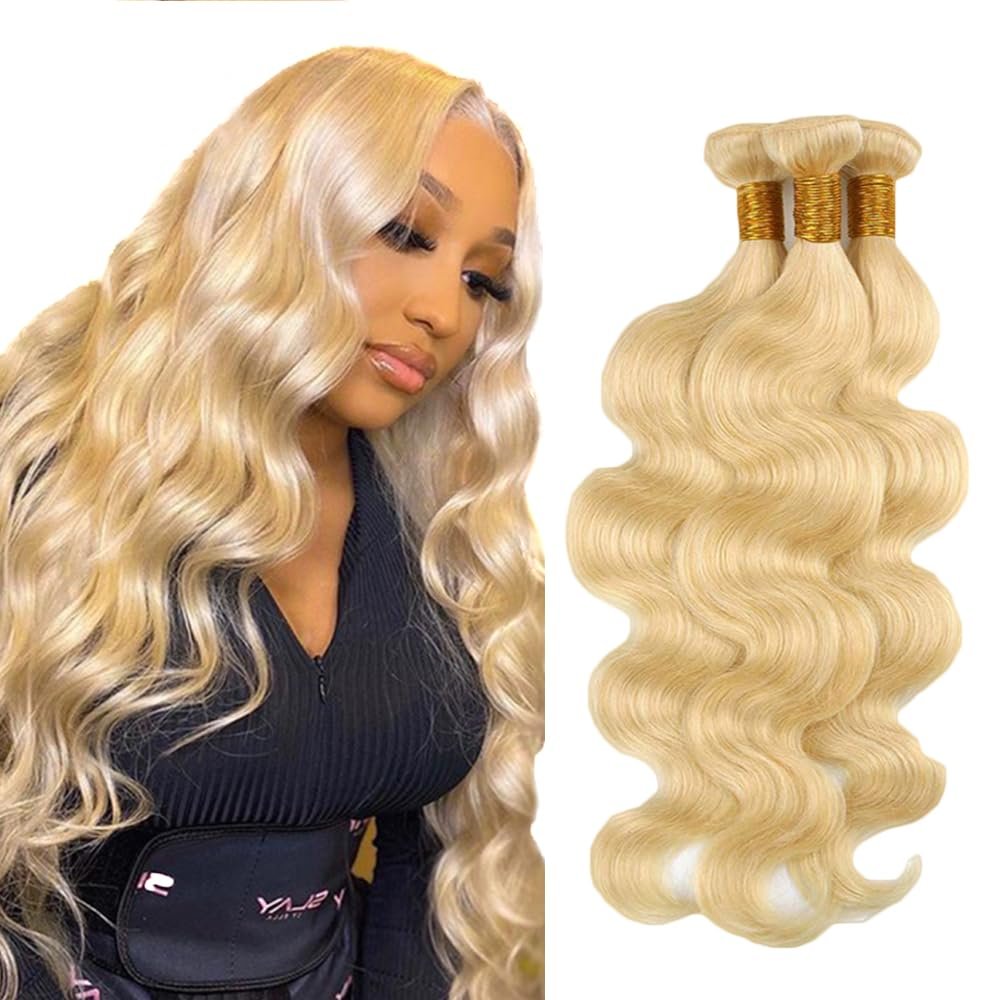 #613 Bundles Human Hair Bleach Blonde Body Wave Bundles 28 28 28 Inch Blonde 3 Bundle Unprocessed Virgin Human Hair Extensions 50 Gram Per Bundle