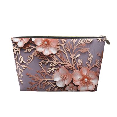 FodPand Pu Leather Cosmetic Bags Large Capacity Zipper Storage Case Rose Gold Elegant Decorative Floral Makeup Organizer Pouch Portable Travel Toiletry Bags For Women