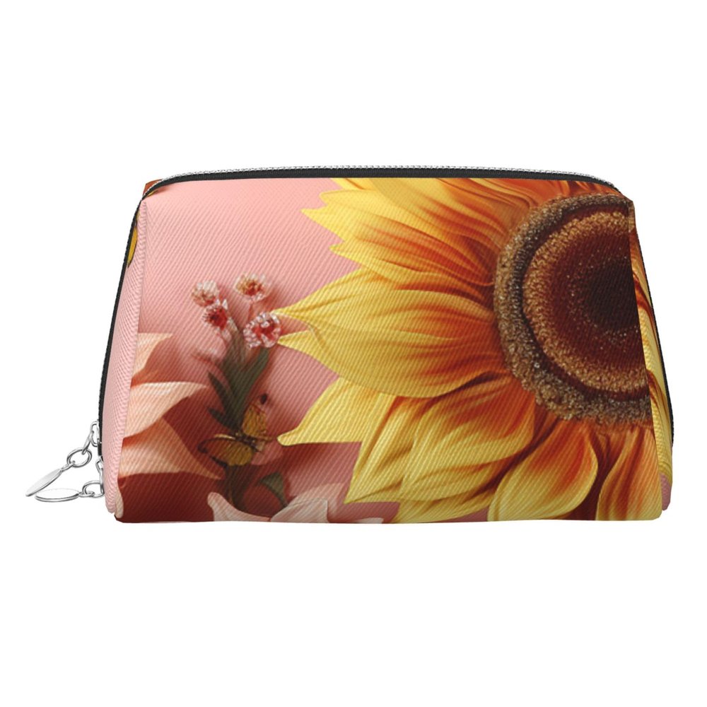 HJTRW PU Leather Makeup Bag Travel Cosmetic Bags Waterproof Large Capacity Toiletry Organizer with Zipper, Cute Portable Pouch Big sunflower Toiletry Bag Make Up Bag for Women
