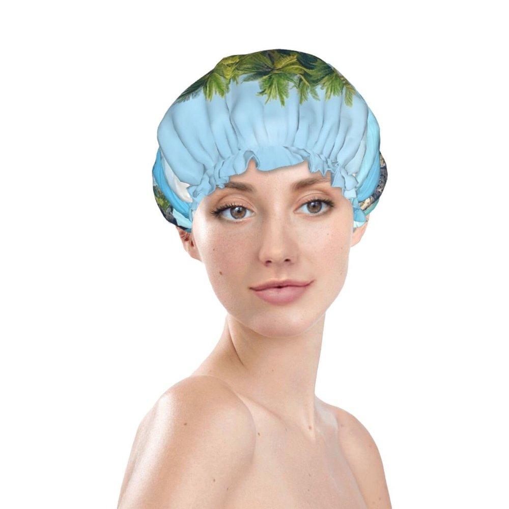 Ocean island Shower Cap for Women Reusable Bath Cap Upgrade Double Layers Bathing Hat Waterproof Elastic Bath Hair Caps for Women Ladies Spa Salon Hair Bath Hat