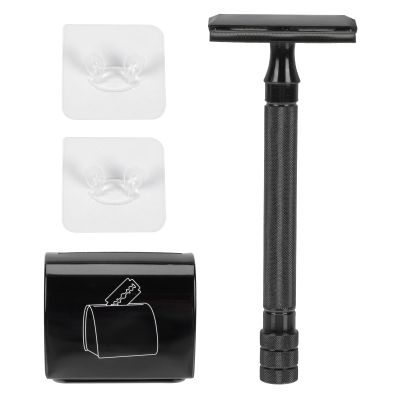 DINHEAROM Vintage Manual Double-sided Safety Razor Shaving Set with Metal Stand and Blade Storage Box, Beard Trimming Tool for Mens Facial Grooming and Travel Use, Black