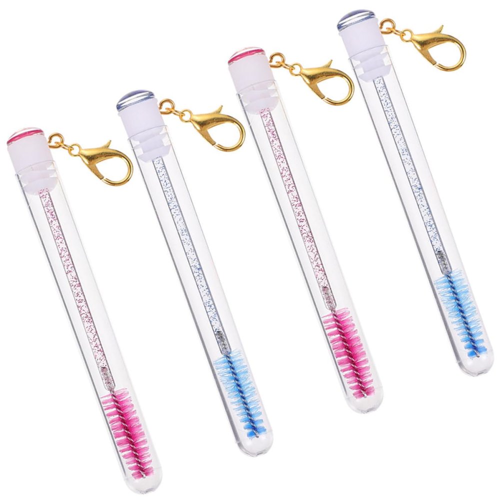 Beavorty 4pcs Keychain Empty Mascara Tubes Eyelash Brushes with Rhinestones 10cm Blue and Rose Red Makeup Practice Tools for Women Eye Lash Application
