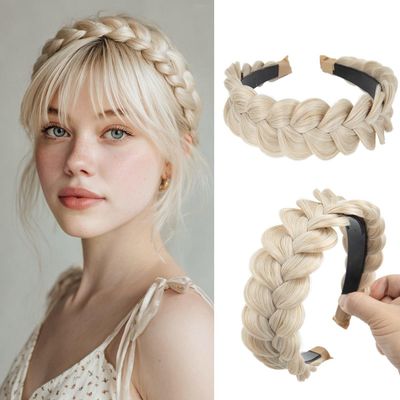 CJL HAIR Wide Braided Headbands Hair Piece for Women Synthetic Hair Hoops Head Bands with Teeth Handmade Braid Hairband Accessories Cream Blonde 1PC