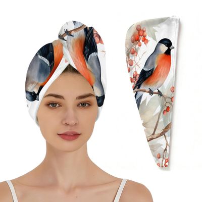 YPPAHHHH Watercolor Bird Hair Towel Wrap for Women, Winter Tree Absorbent Drying Hair Towel with Button Turban Head Wrap for Long, Curly Hair, Thick Hair