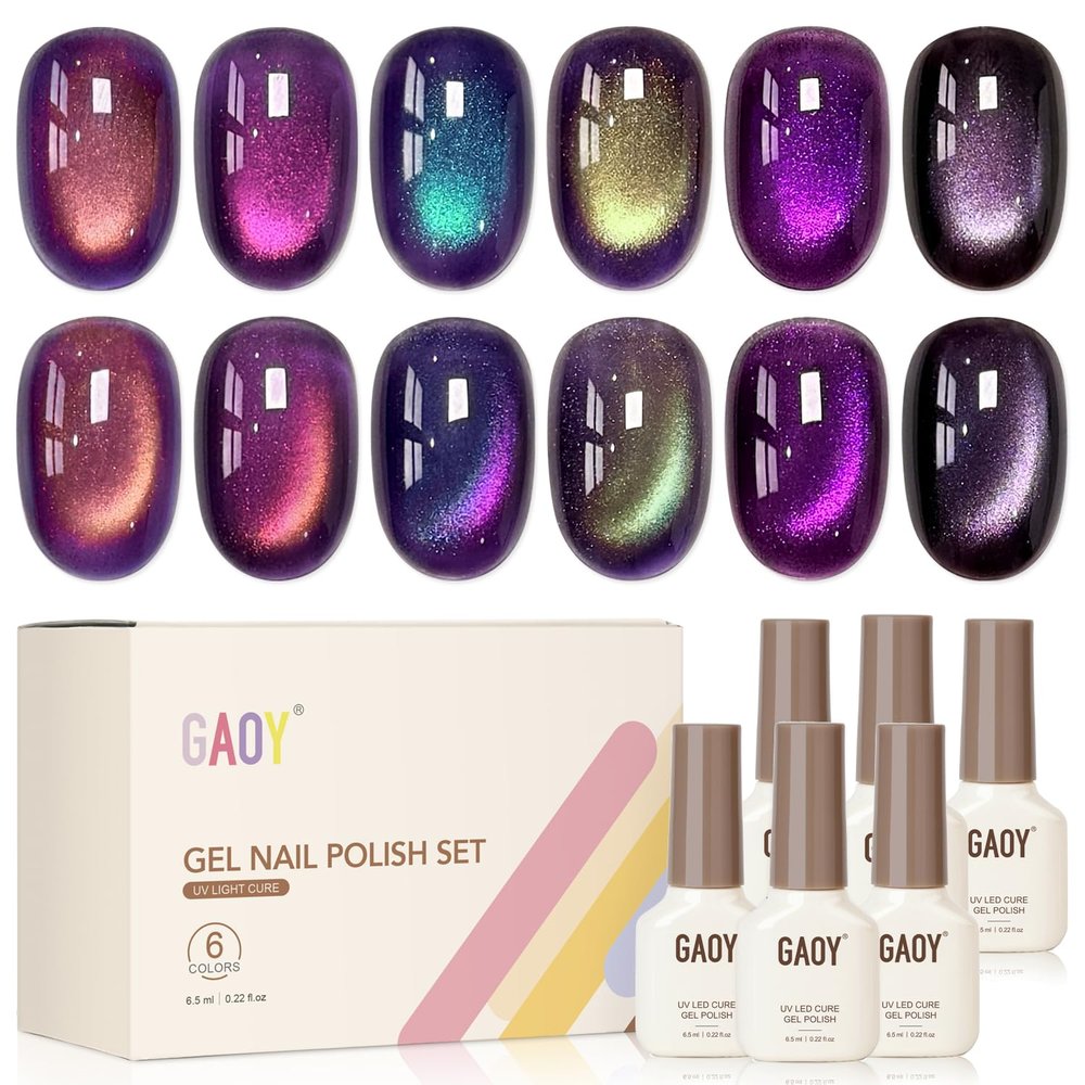 GAOY Aurora Purple Cat Eye Gel Polish, 6 Iridescent Colors, Purple Nebula