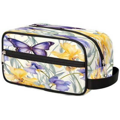 VQUVQV Makeup Bag Purple Yellow Iris Flower Butterfly Travel Toiletry Bag, Portable Make Up Organizer Cosmetic Case with Handle for Travel Accessories