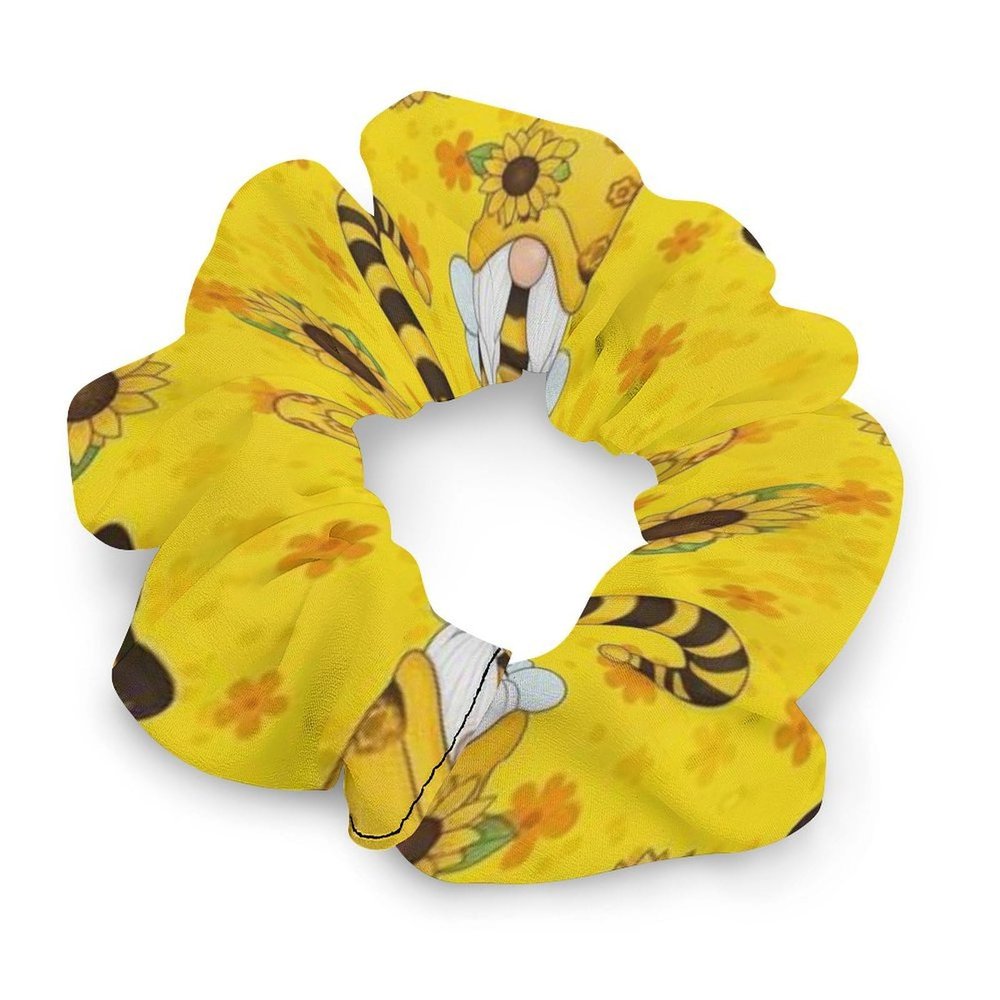 Fashionable Hair Scrunchies, Funny Honeybee Gnomes Bee Sunflower Yellow Flowers Floral Satin Hair Ties Soft Elastic Ponytail Holder Rubber Bands for Women Girls Gift