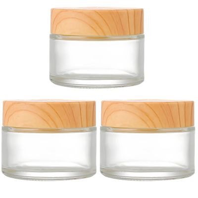 byepica 3 Pcs Glass Cosmetic Jars With Wood Lids, 50G Refillable Containers, Round Sample Cream Jars, 1.8 X 2.2 In, Portable Travel Bottles