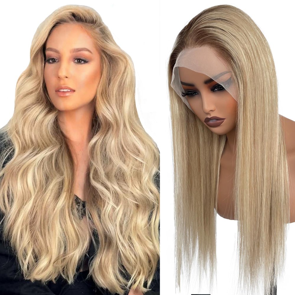 Ubetta Blonde Highlights Wig Human Hair 13x6 Lace Front Wigs Human Hair 24 Inch Brown Roots to Golden Blonde Balayage Blonde Highlights Wig Human Hair Pre Plucked Straight Wigs for White Women