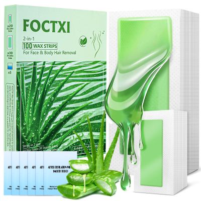 FOCTXI 100 PCS Wax Strips Hair Removal Kit (40 Facial & 60 Body) + 5 Calming Wipes - At Home Waxing Kit for Face, Eyebrow, Bikini & Legs, Sensitive Skin Friendly for Men & Women