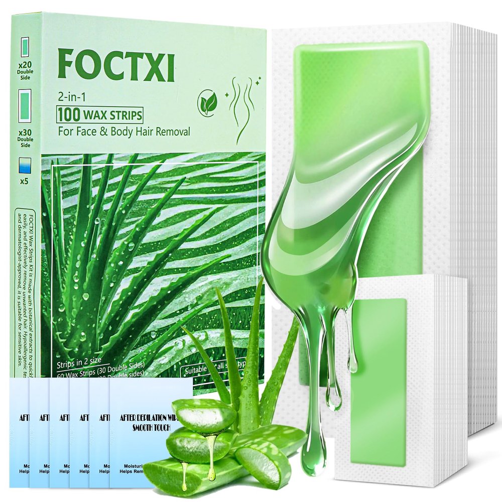 FOCTXI 100 PCS Wax Strips Hair Removal Kit (40 Facial & 60 Body) + 5 Calming Wipes - At Home Waxing Kit for Face, Eyebrow, Bikini & Legs, Sensitive Skin Friendly for Men & Women
