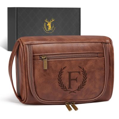 Aganmi Personalized PU Leather Travel Toiletry Bag for Men Engraved Initial