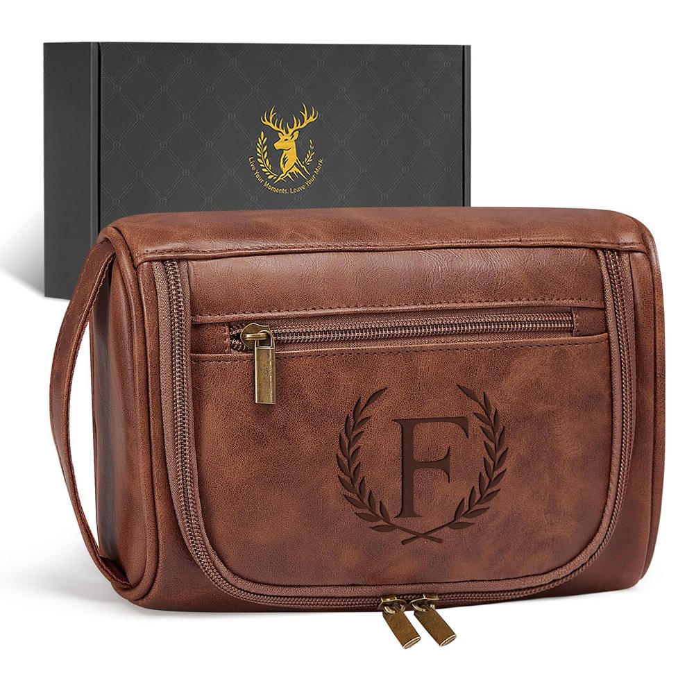 Aganmi Personalized PU Leather Travel Toiletry Bag for Men Engraved Initial