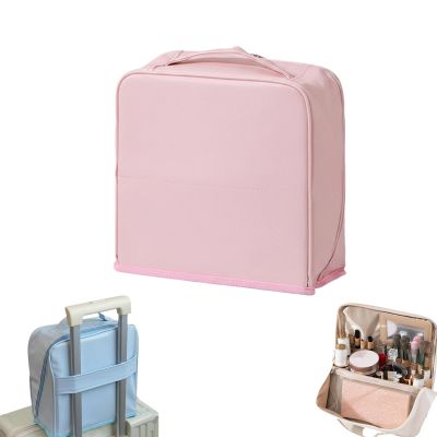 Stylish Handheld Partitioned Cosmetic Bag, Standing Makeup Bag with Mirror, Portable & Waterproof Travel Makeup Organizer (Pink)