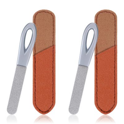2Pcs Metal Nail File with Case, Stainless Steel Double Sided Keychain Travel Nail File Diamond Round Fine Grit Small Nail Files with Brown Leather Cases for Women Men (Silver)