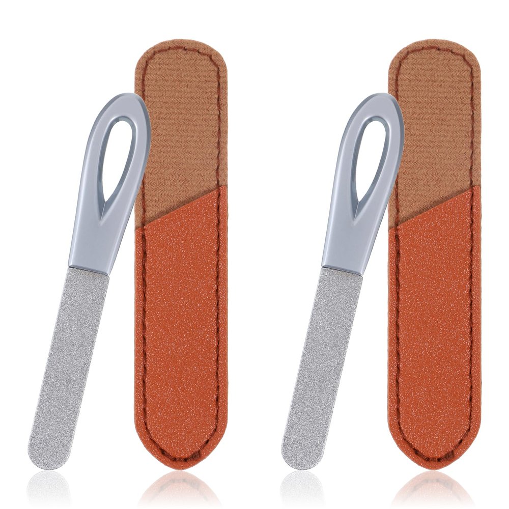 2Pcs Metal Nail File with Case, Stainless Steel Double Sided Keychain Travel Nail File Diamond Round Fine Grit Small Nail Files with Brown Leather Cases for Women Men (Silver)
