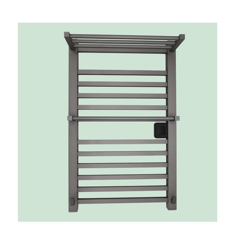 Wall-Mounted Aluminum Towel Warmer Rack with Top Shelf - Heated Towel Drying Rack for Bathroom Spa and Hotel Use - Gray Color Left Wire Design