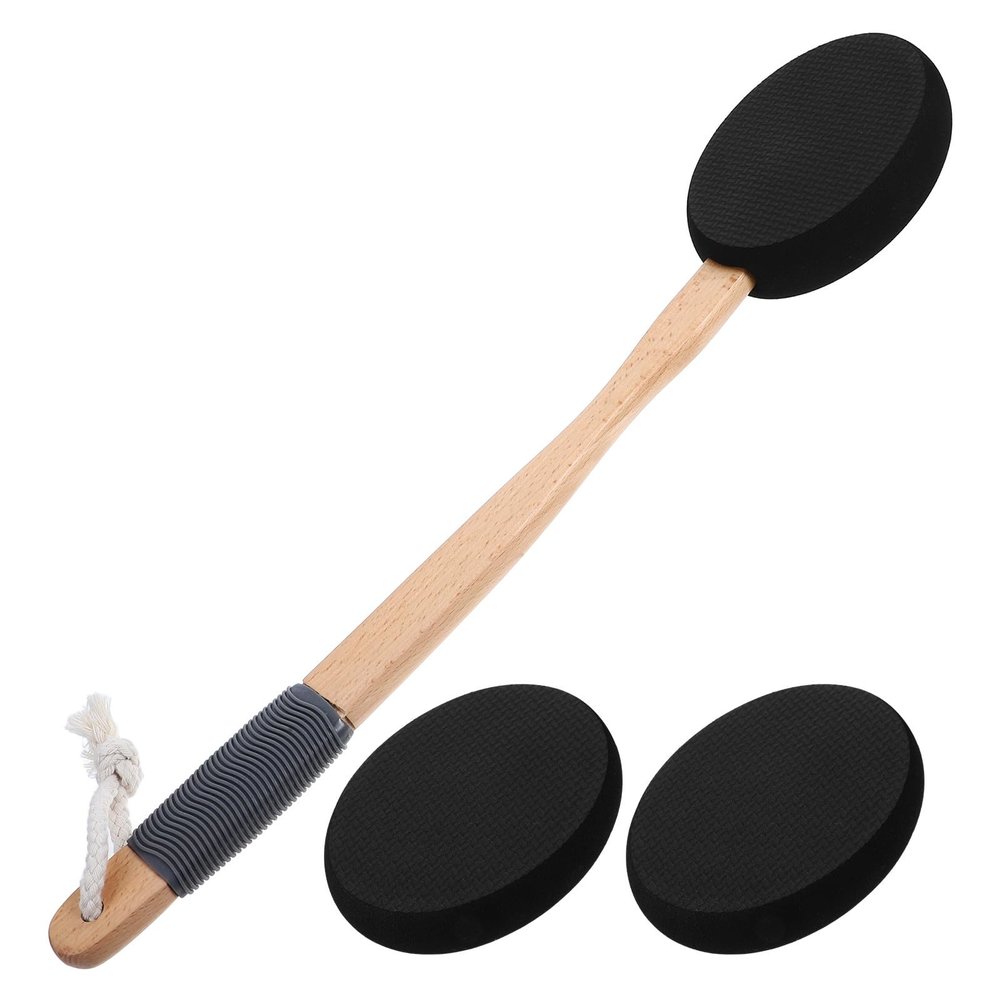 CLISPEED Black Oval Eva Cream Applicator Set with Wooden Handle, 3 Replacement Brush Heads for Back Lotion Application and Bath Exfoliating Scrub, Portable Body Lotion and Back Scrubber