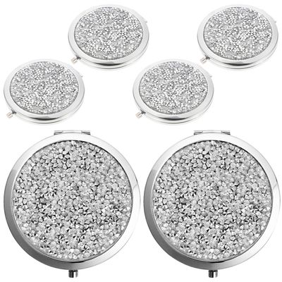 ABOOFAN 6pcs Small Compact Round Crystal Rhinestone Double-Sided Makeup Pocket Mirrors 7cm Chrome Color for Bridal and Travel Use