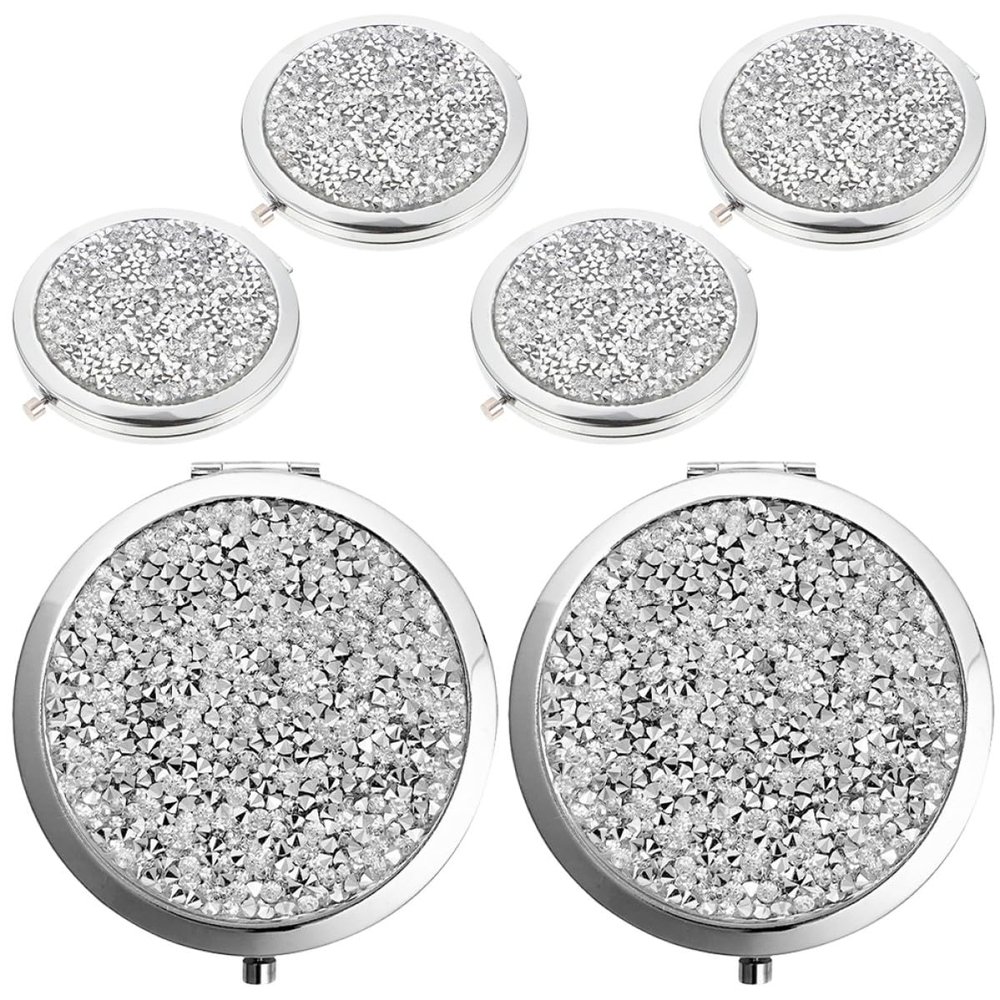 ABOOFAN 6pcs Small Compact Round Crystal Rhinestone Double-Sided Makeup Pocket Mirrors 7cm Chrome Color for Bridal and Travel Use