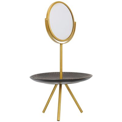 TOYANDONA Rotatable European Style Vanity Mirror with Jewelry Holder Tray Gold Round Makeup Mirror for Bedroom Tabletop and Dressing Table Use