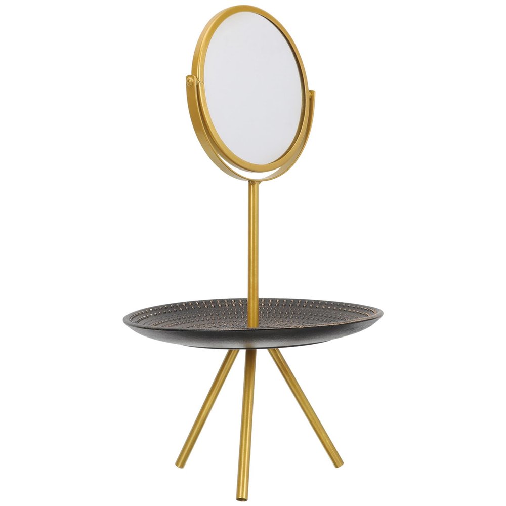 TOYANDONA Rotatable European Style Vanity Mirror with Jewelry Holder Tray Gold Round Makeup Mirror for Bedroom Tabletop and Dressing Table Use