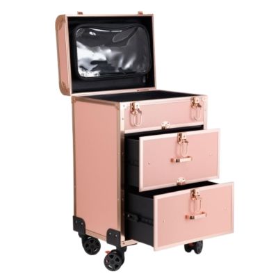 OGMOYT Hairdressing Trolley Salon Rolling Makeup Train Case Lockable Makeup Salon Luggage Hairdressing Trolley Travel Organizer Tool Beauty,Rose Gold 59.5X35X23Cm