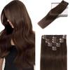 POGINJA Clip in Hair Extensions Real Human Hair, Remy Human Hair Extensions Clip ins for Women, 100% Natural Human Hair, Double Weftm, 16inch 90g 8Pcs, #4 Chocolate Brown view 1
