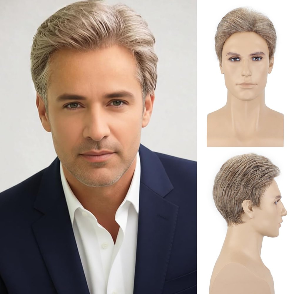 SEVENCOLORS Mens Short Wig Ash Brown Natural Hair Wigs for Men Halloween Costume Daily Synthetic Wigs