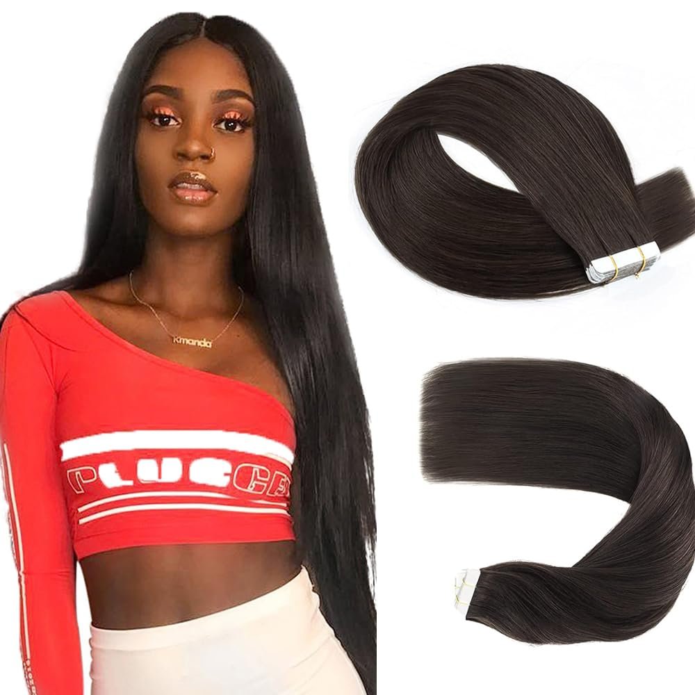 Black Tape in Extensions Human Hair 26 Inch #1B Natural Black Straight Tape in Seamless Extensions Human Hair Skin Weft Seamless Invisible Unprocessed Virgin Remy Hair 45g 10 Pcs