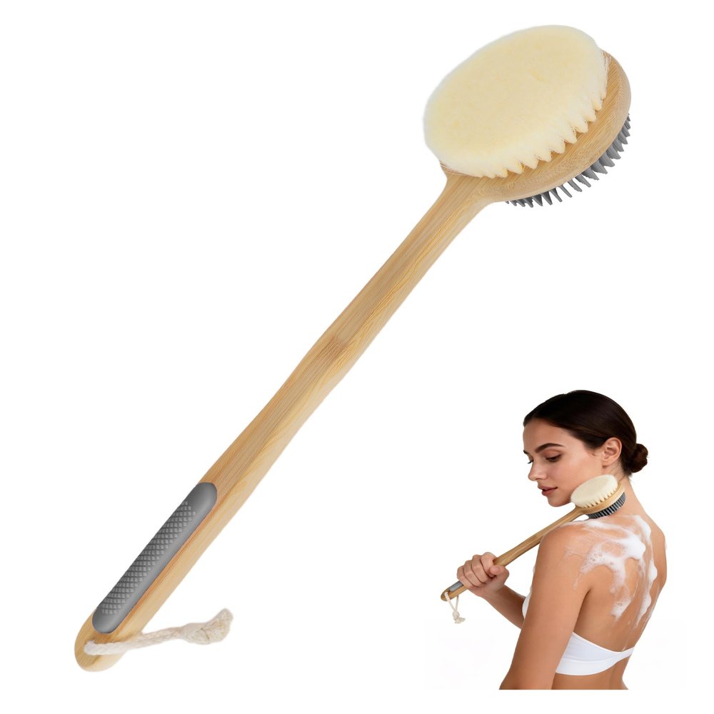 EaTubano Back Scrubber for Shower - Double-Sided Silicone and Super-Dense Bristles for Deep Cleaning & Exfoliation, Bamboo Long Handle with Wider Anti-Slip Grip, Rich Foam, Durable (Grey)