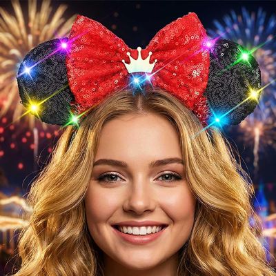 Unicra Light Up Headband Mouse Ears Headbands Tiaras Sequins Bow Hair Accessories for Women (Black Red Sequins)