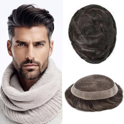 Hair Wonders Human Hair for Men's Lace Toupee Clear Poly Mens Toupee Human Hair Protesis Capilar para Hombre7X9-100% light to medium density#220 2# DARKEST BROWN+20% GREY