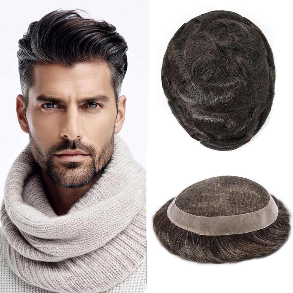 Hair Wonders Human Hair for Men's Lace Toupee Clear Poly Mens Toupee Human Hair Protesis Capilar para Hombre7X9-100% light to medium density#220 2# DARKEST BROWN+20% GREY