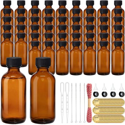TBWIND 54 Pack 2oz Amber Glass Boston Round Bottles with Airtight Caps