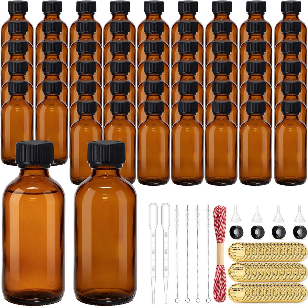TBWIND 54 Pack 2oz Amber Glass Boston Round Bottles with Airtight Caps