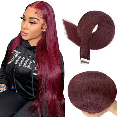 #99J Burgundy Tape in Extensions Human Hair 12 Inch Wine Red Straight Tape in Seamless Extensions Human Hair Skin Weft Seamless Invisible Unprocessed Virgin Remy Hair 45g 10 Pcs