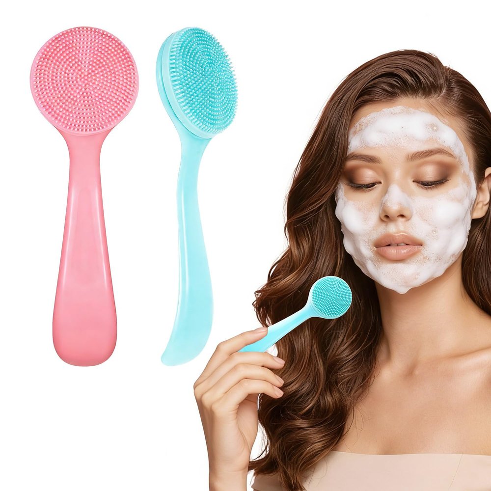 2PCS Silicone Manual Facial Cleansing Brush,Skin Friendly Face Scrub Brush,Soft Face Brushes for Cleansing, Waterproof Exfoliating Facial Brushes for Blackheads Makeup Residues Removal (Blue & Pink)