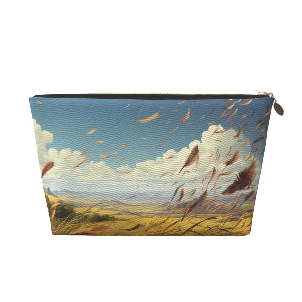 FodPand Pu Leather Cosmetic Bags Large Capacity Zipper Storage Case The Wind Blows Feathers Makeup Organizer Pouch Portable Travel Toiletry Bags For Women
