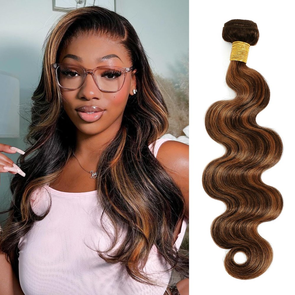 MOMOSHERO Brown Highlight Body Wave Bundles Human Hair, 12A Soft and Glossy Black and Brown Blonde Balayage Ombre 100% Remy Hair Single Bundle Piano Color Dark Root 18 Inch Sew in