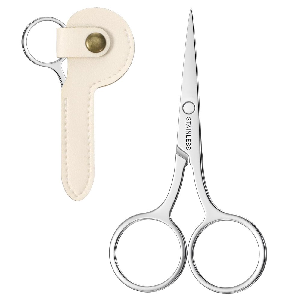 Qianyu 2 Pcs Nose Hair Scissor Eyebrow Scissors Fine Straight Tip Beauty Grooming Scissors with sleeve for Trimming Facial Hair Mustache Beard Removal Men Women, Stainless Steel