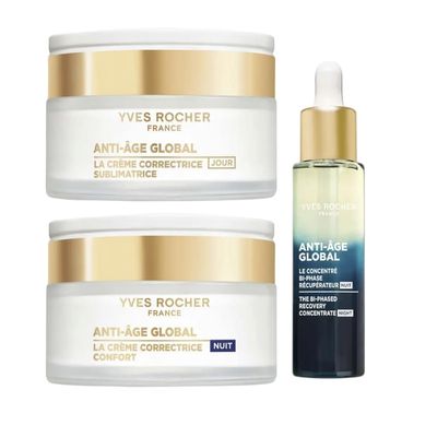 Yves Rocher Anti-Age Global Skincare Set, Bi-Phased Recovery Concentrate Serum 30 ml/1 flOz + Gold Achillea Day & Night Cream 50 ml/1.7 flOz, Facial Care Set