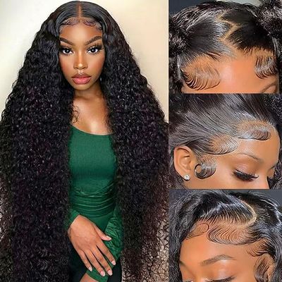 AKUZO 32inch 13x6 Deep Wave Lace Front Wigs Human Hair HD Transparent Lace Frontal Glueless Wigs Pre Plucked with Baby Hair 180% Density Wet and Wavy Curly Human Hair Wig Natural Color