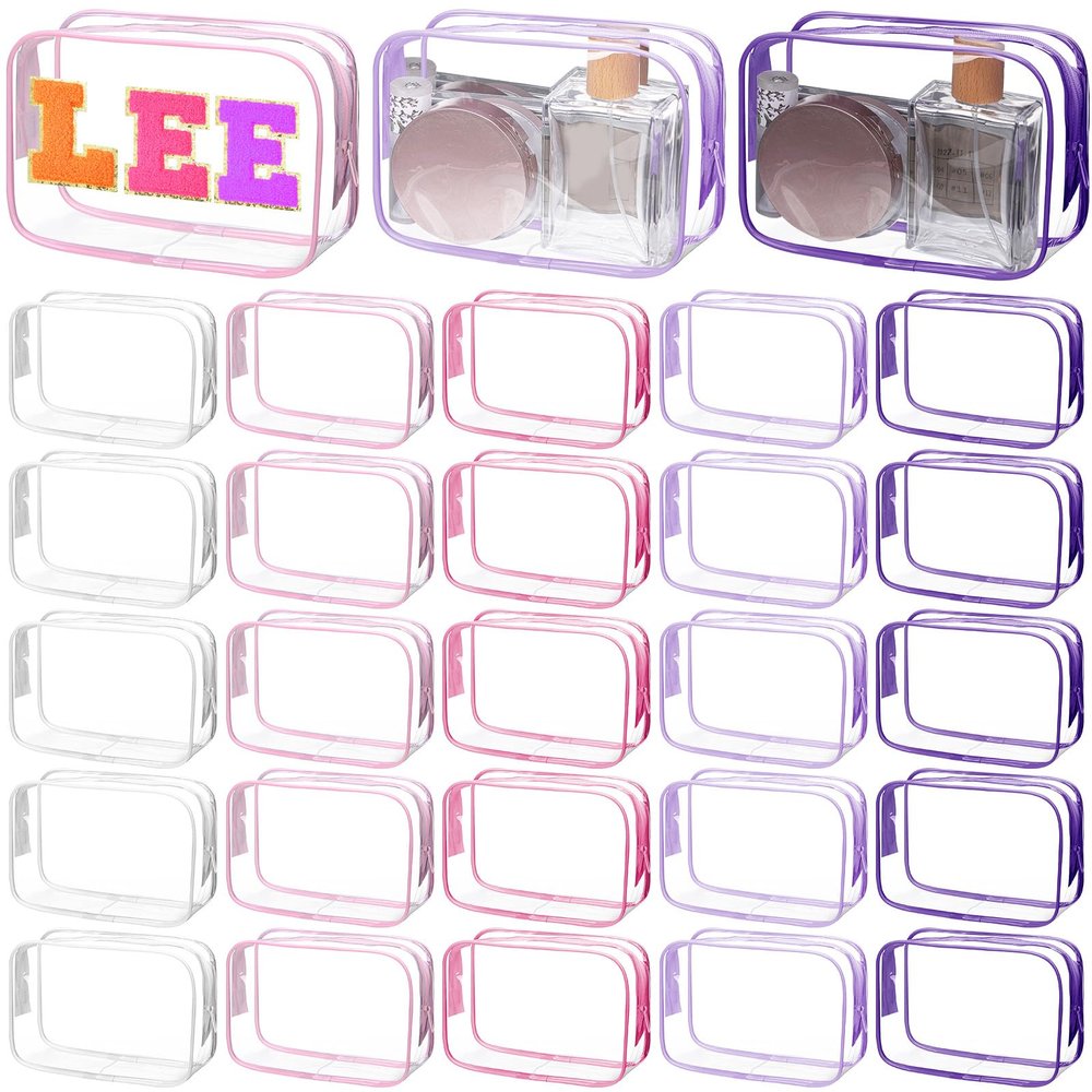 Shinylin 30 Pcs Clear Makeup Bag with Zipper, PVC Bag, Pink and Purple
