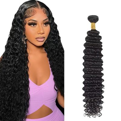 Leruikair Single Bundle 24 Inch Nature Black Deep Wave Human Hair Bundles Double Weft Unprocessed Natural Quick Weave Brazilian Virgin Hair Extensions for Black Women