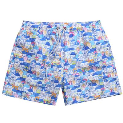 Dminyak Mens Swim Trunks 5 Inch Quick Dry with Mesh Lining, Elastic Drawstring Swim Shorts for Men, Blue Mediterranean Santorini Print Beach Bathing Suit