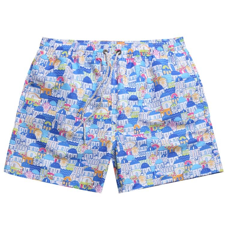 Dminyak Mens Swim Trunks 5 Inch Quick Dry with Mesh Lining, Elastic Drawstring Swim Shorts for Men, Blue Mediterranean Santorini Print Beach Bathing Suit