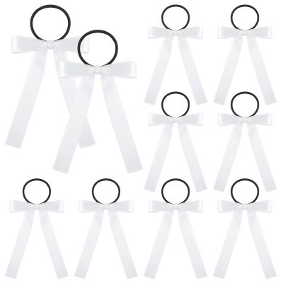 10 Pcs Long Tail Skinny Ponytail Holders, Long Tail Cheer Bows Elastic Band with Ponytail Holder Handmade Grosgrain Ribbon Hair Accessories for Cheerleading Teen Girls College Sports (White)